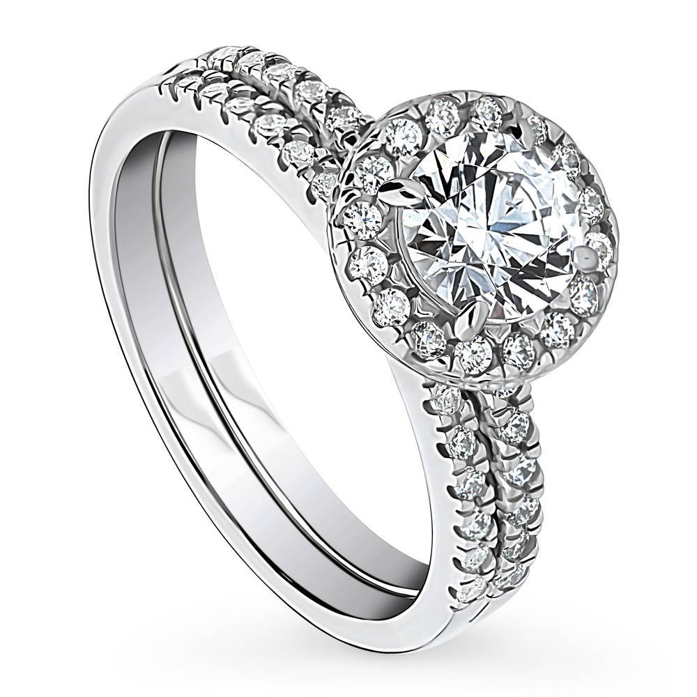 Front view of Halo Round CZ Ring Set in Sterling Silver, 4 of 16