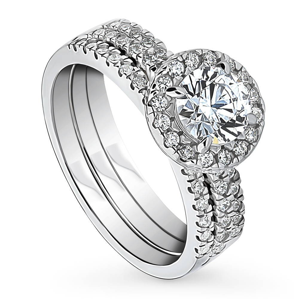 Front view of Halo Round CZ Ring Set in Sterling Silver