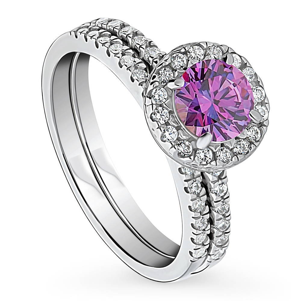 Front view of Halo Purple Round CZ Ring Set in Sterling Silver