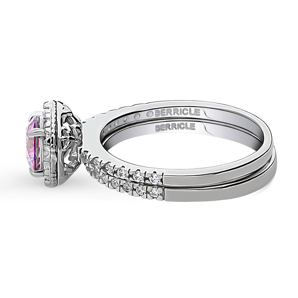 Angle view of Halo Purple Round CZ Ring Set in Sterling Silver