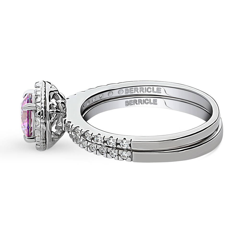 Angle view of Halo Purple Round CZ Ring Set in Sterling Silver, 5 of 16
