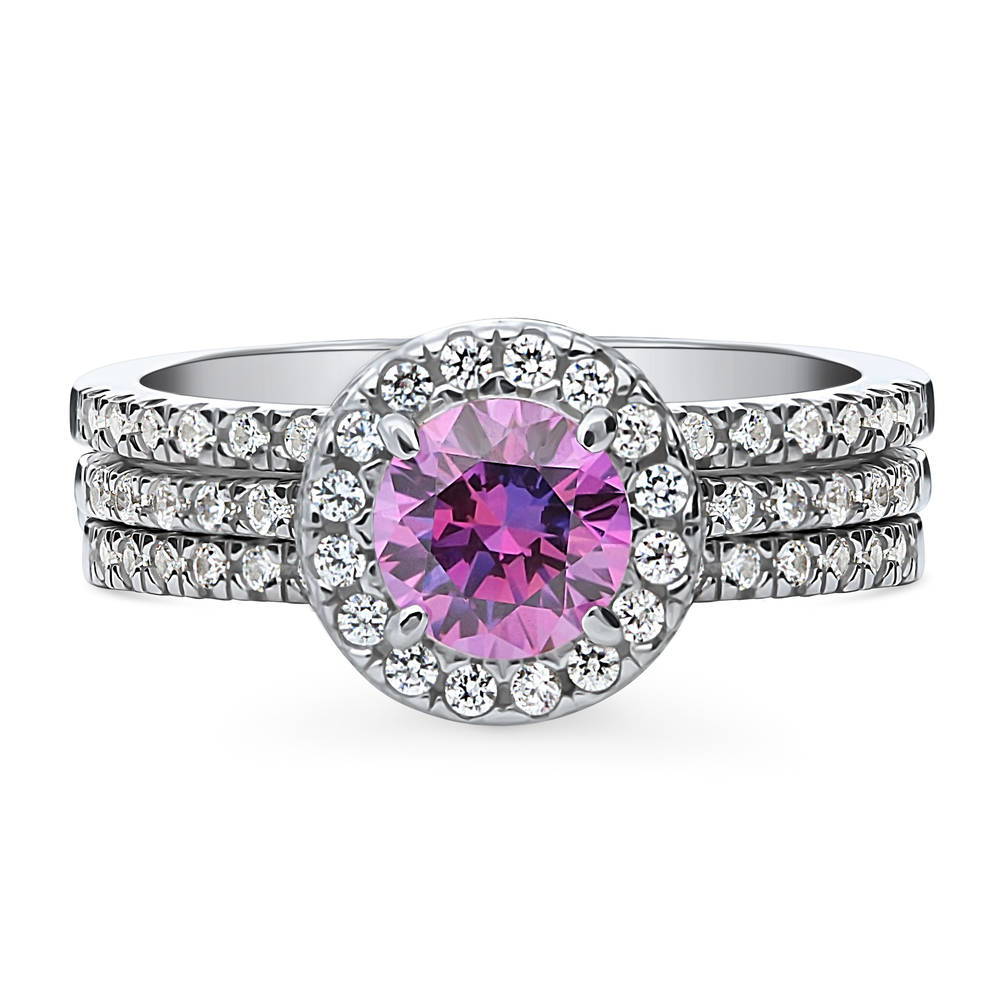 Halo Purple Round CZ Ring Set in Sterling Silver