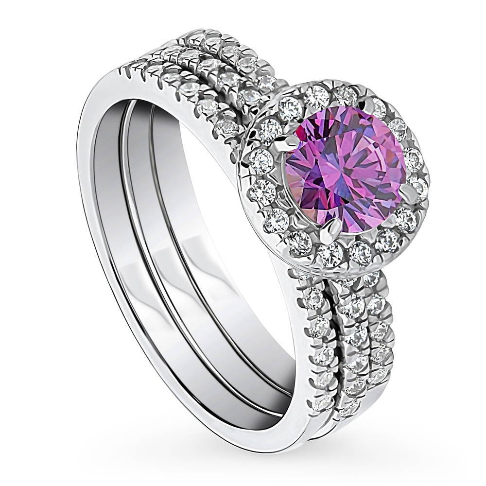 Front view of Halo Purple Round CZ Ring Set in Sterling Silver