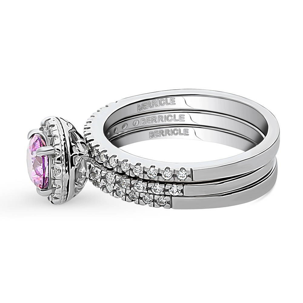 Angle view of Halo Purple Round CZ Ring Set in Sterling Silver