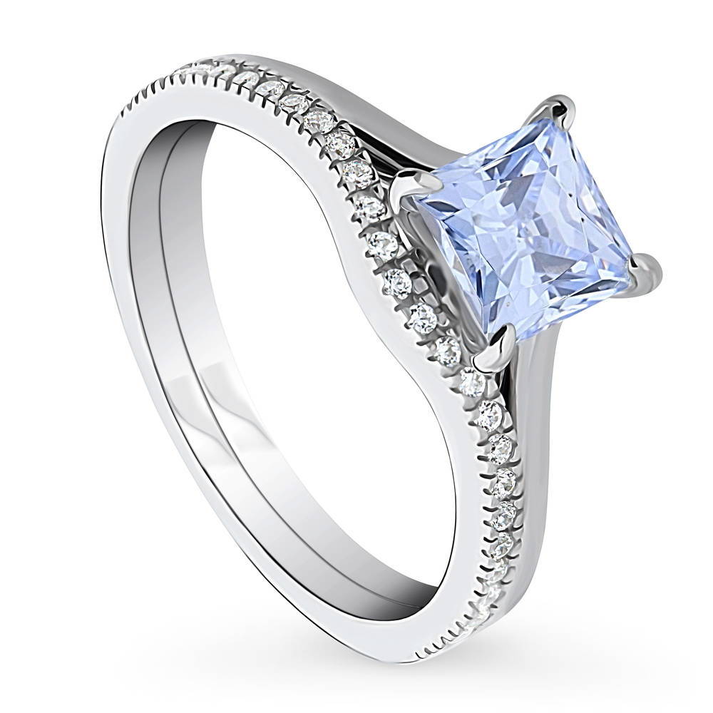 Front view of Solitaire 1.2ct Greyish Blue Princess CZ Ring Set in Sterling Silver, 3 of 12