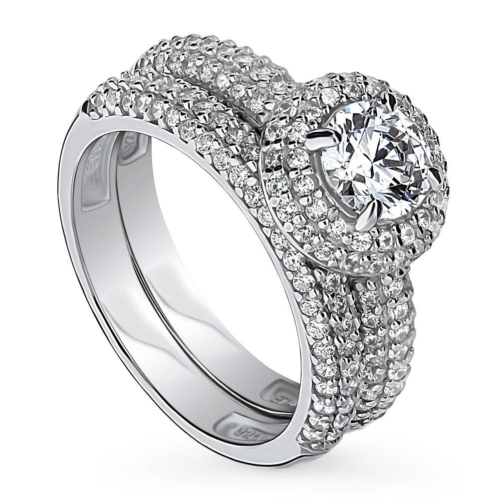 Front view of Halo Round CZ Ring Set in Sterling Silver, 4 of 14