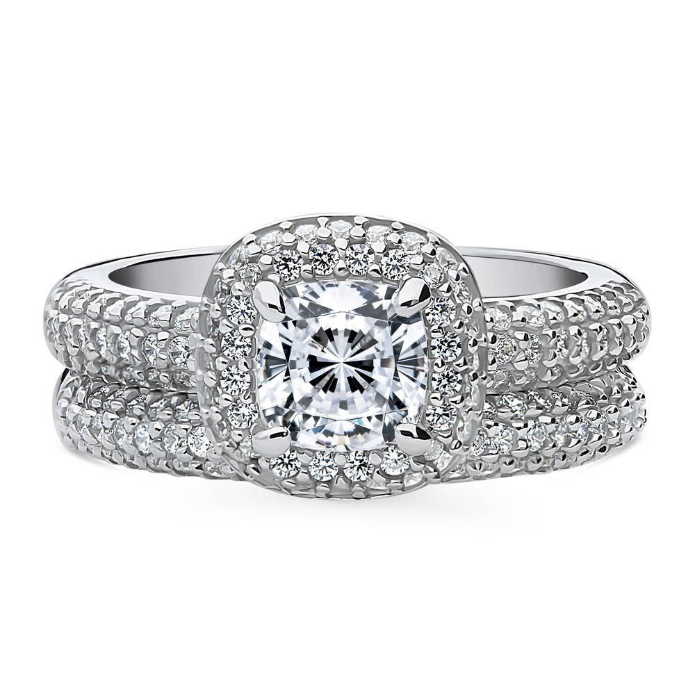 Halo Cushion CZ Ring Set in Sterling Silver