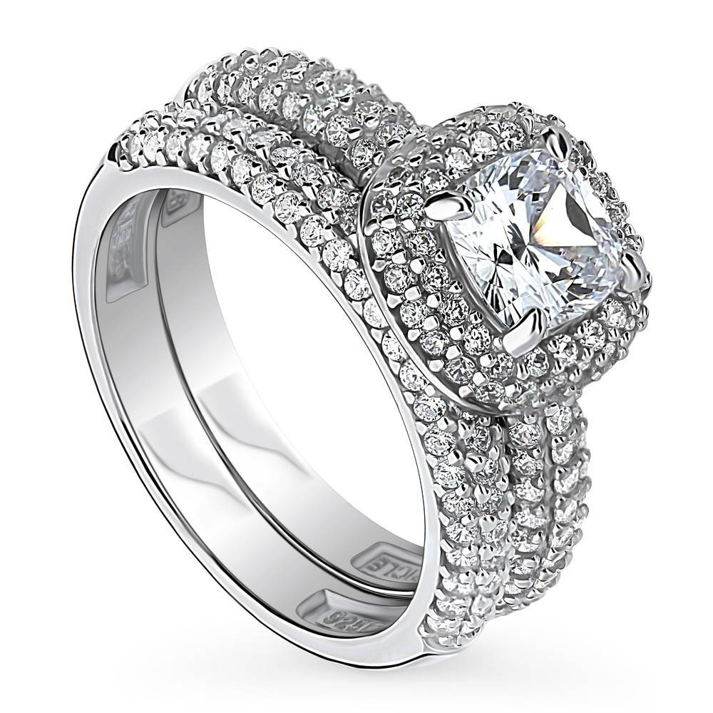 Halo Cushion CZ Ring Set in Sterling Silver