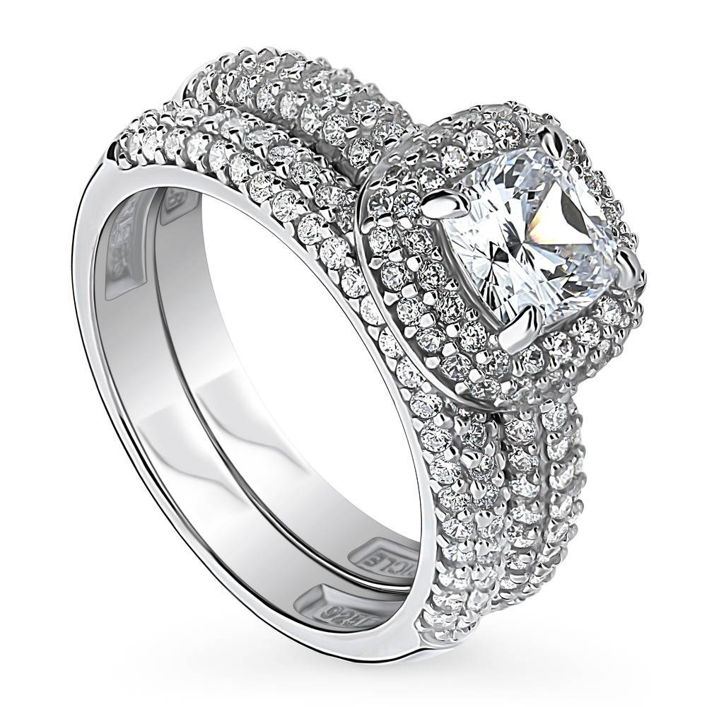 Front view of Halo Cushion CZ Ring Set in Sterling Silver, 4 of 14