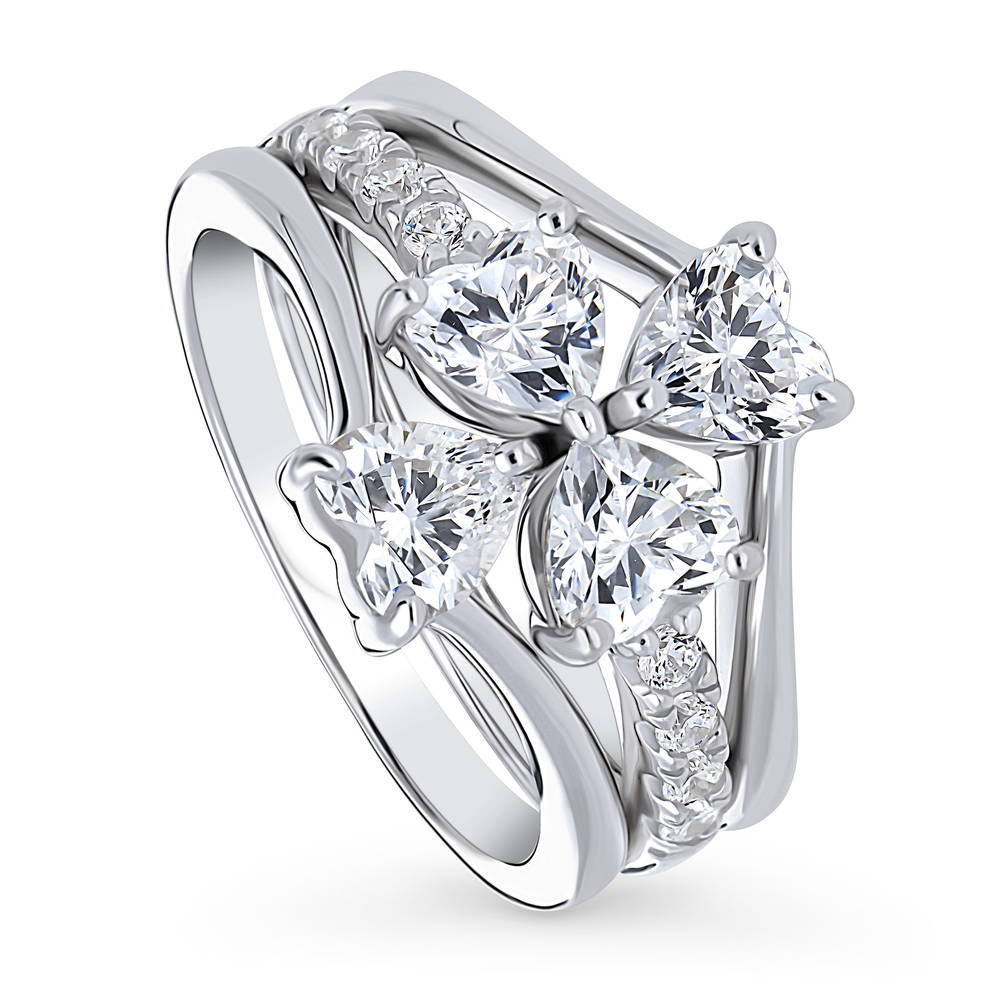 Front view of Bow Tie Heart CZ Ring Set in Sterling Silver, 4 of 13