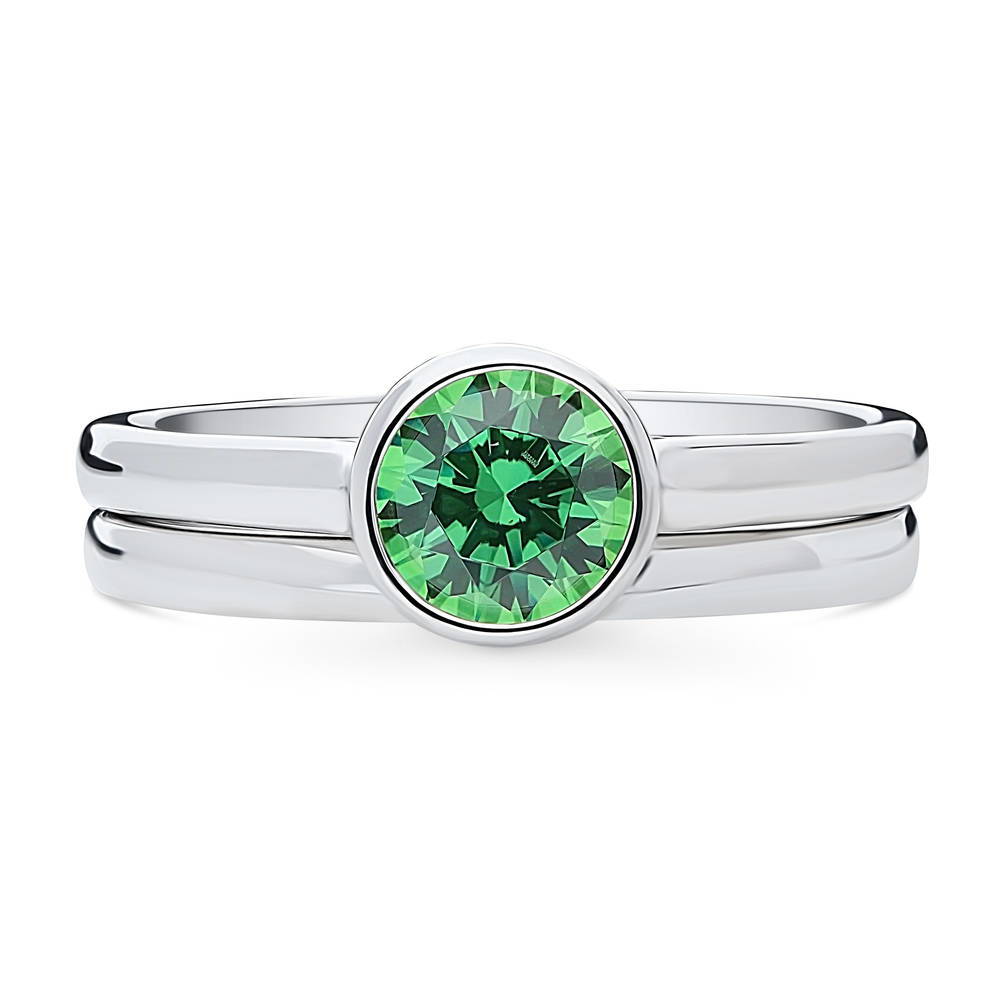 Solitaire 0.8ct Green Bezel Set Round CZ Ring Set in Sterling Silver, 1 of 11