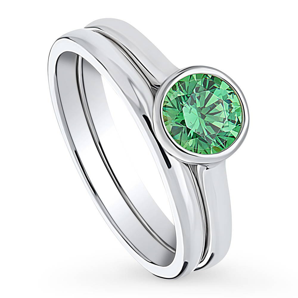 Front view of Solitaire 0.8ct Green Bezel Set Round CZ Ring Set in Sterling Silver, 3 of 10