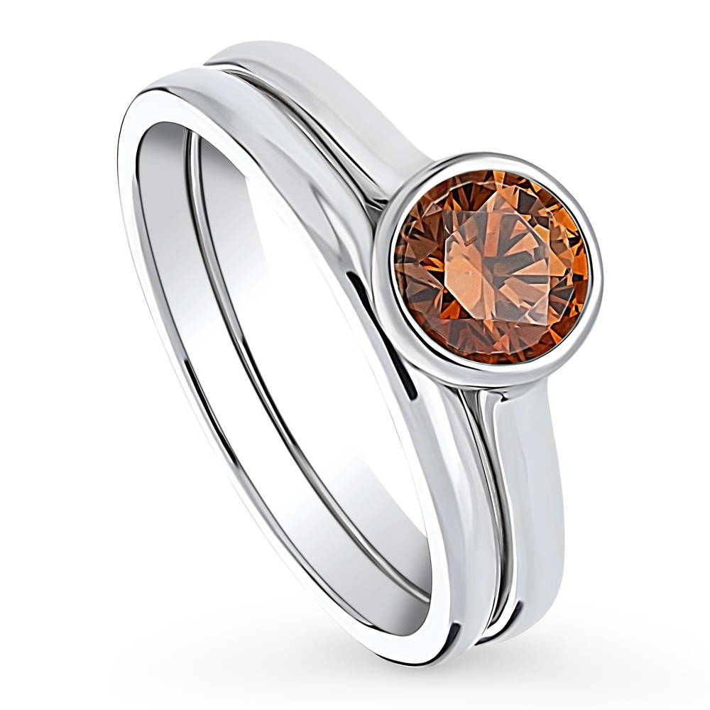 Front view of Solitaire 0.8ct Caramel Bezel Set Round CZ Ring Set in Sterling Silver