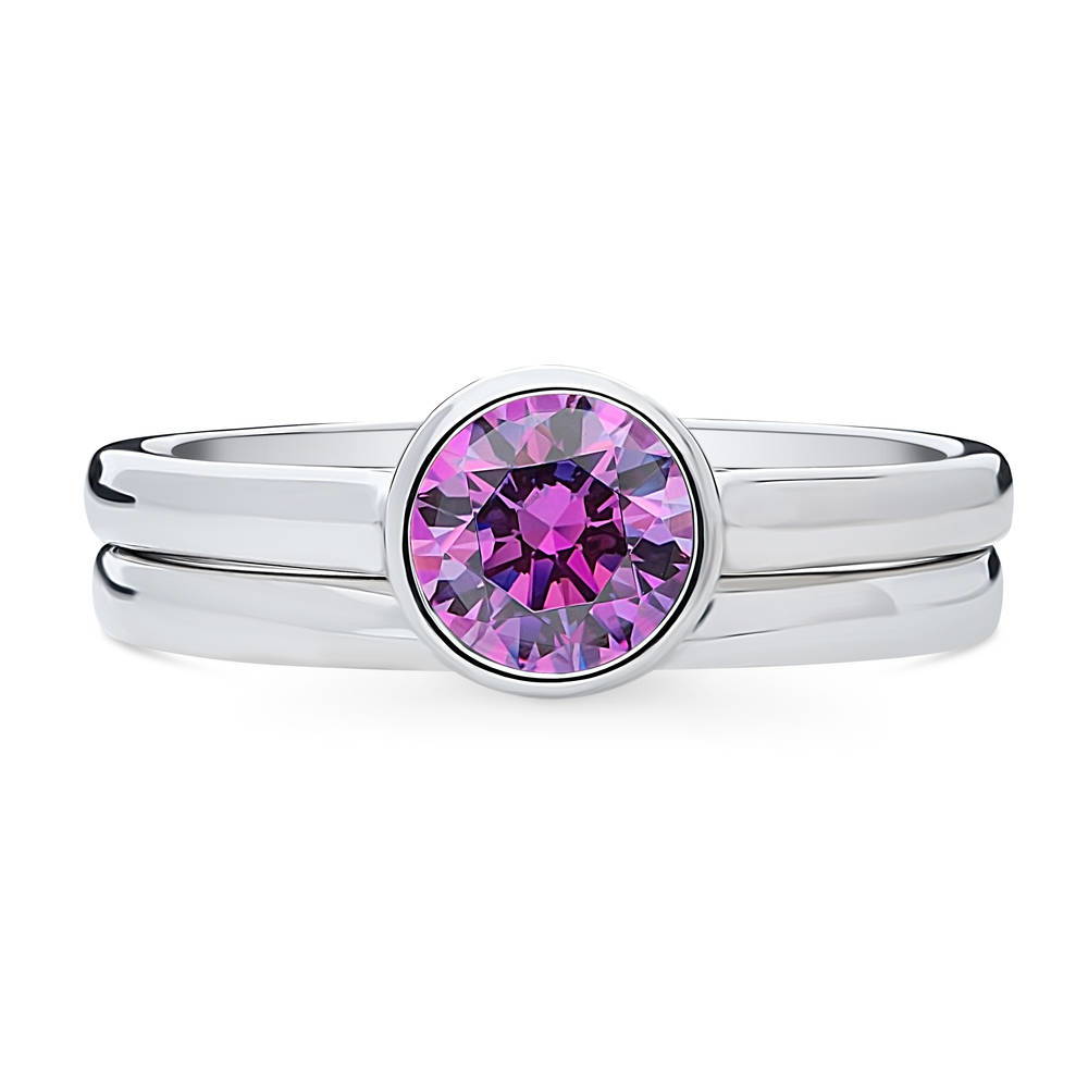 Solitaire 0.8ct Purple Bezel Set Round CZ Ring Set in Sterling Silver