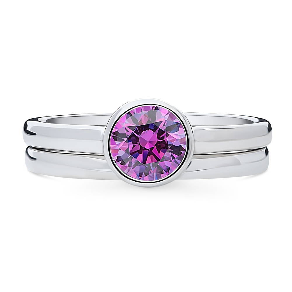 Solitaire 0.8ct Purple Bezel Set Round CZ Ring Set in Sterling Silver, 1 of 11