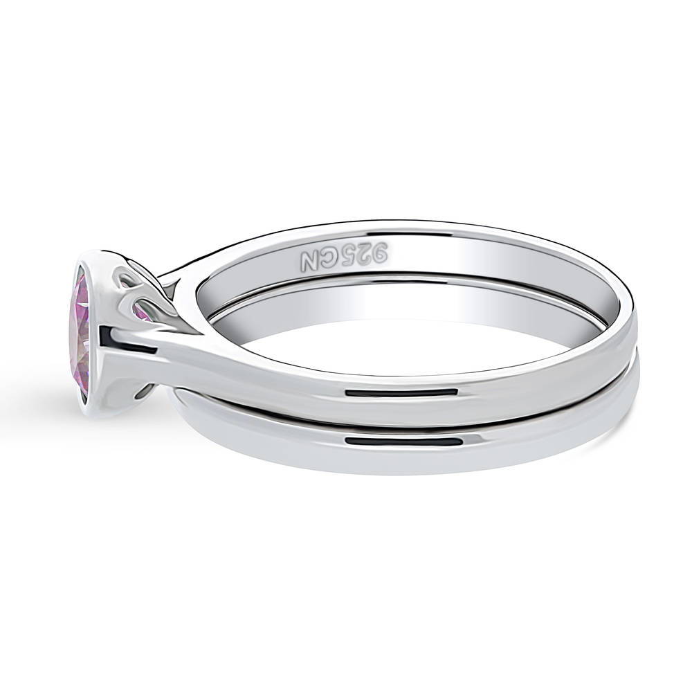 Angle view of Solitaire 0.8ct Purple Bezel Set Round CZ Ring Set in Sterling Silver
