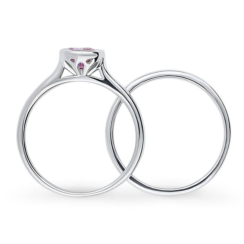 Alternate view of Solitaire 0.8ct Purple Bezel Set Round CZ Ring Set in Sterling Silver