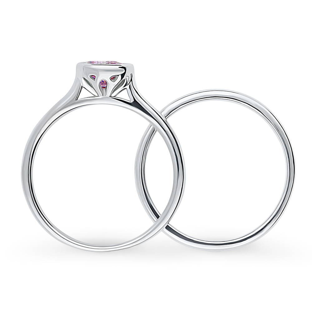 Solitaire 0.8ct Purple Bezel Set Round CZ Ring Set in Sterling Silver