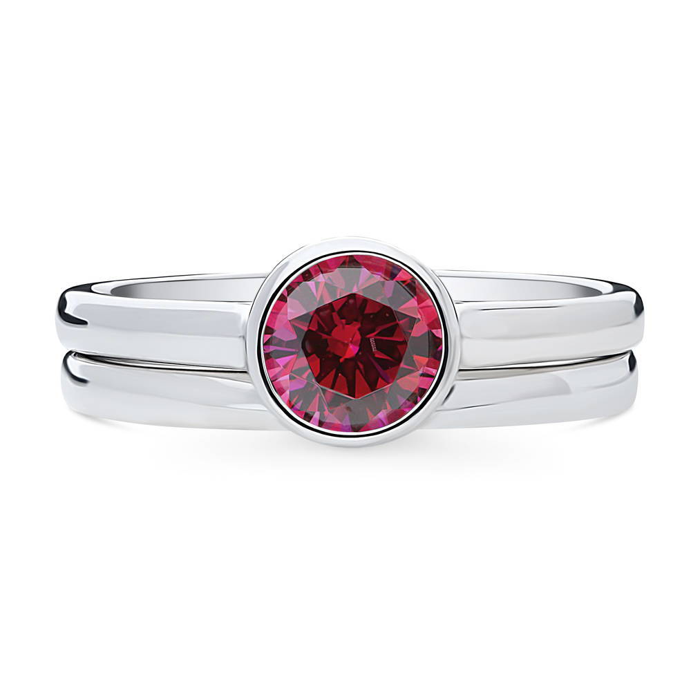 Solitaire 0.8ct Red Bezel Set Round CZ Ring Set in Sterling Silver, 1 of 11