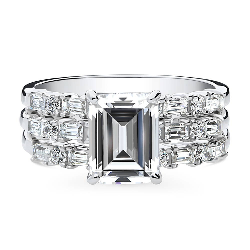 Solitaire Art Deco Emerald Cut CZ Ring Set in Sterling Silver