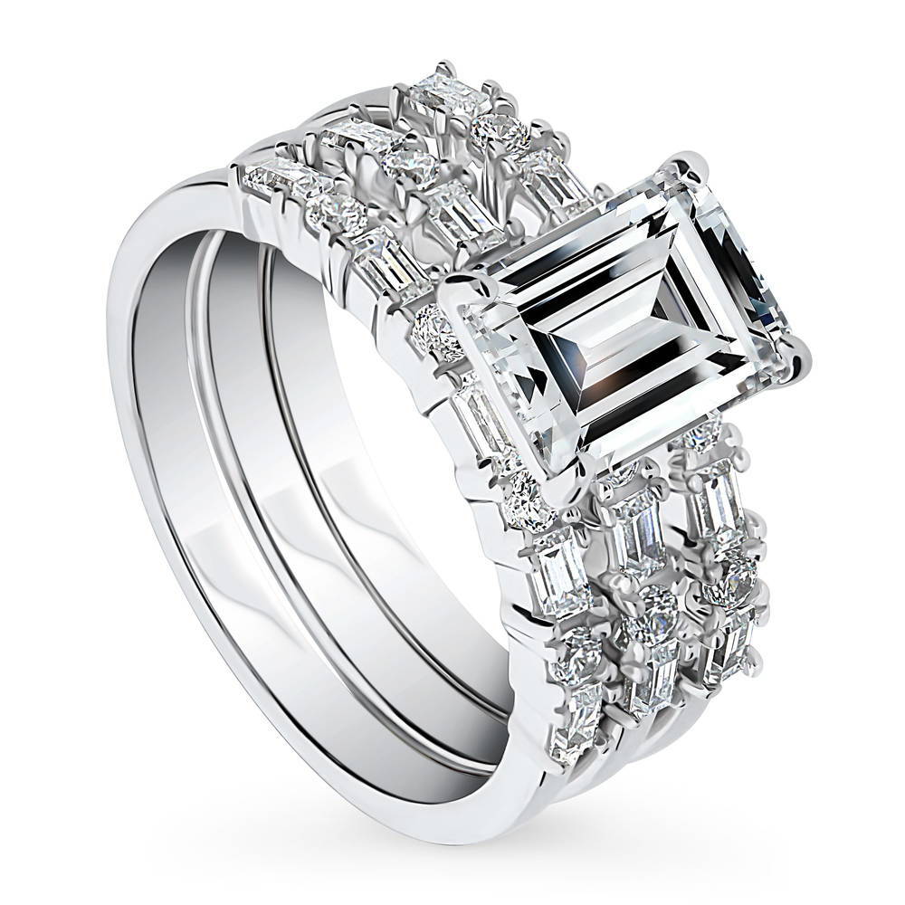 Front view of Solitaire Art Deco 2.1ct Emerald Cut CZ Ring Set in Sterling Silver