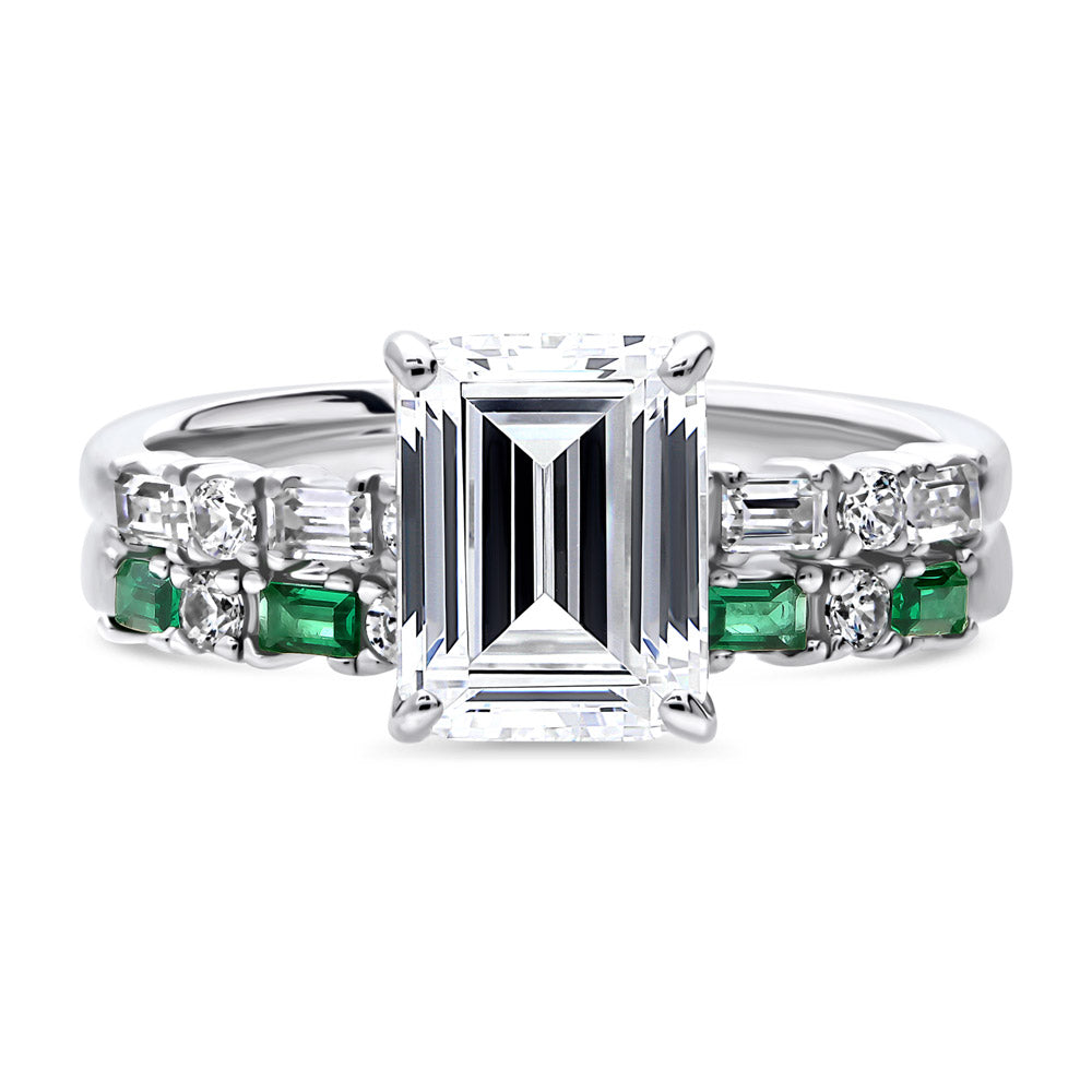 ◇TATIANA◇ (SILVER925) Glitter Draw Ball Ring CR1813 Silver Solitaire Art Deco Emerald Cut CZ Engagement Ring Set