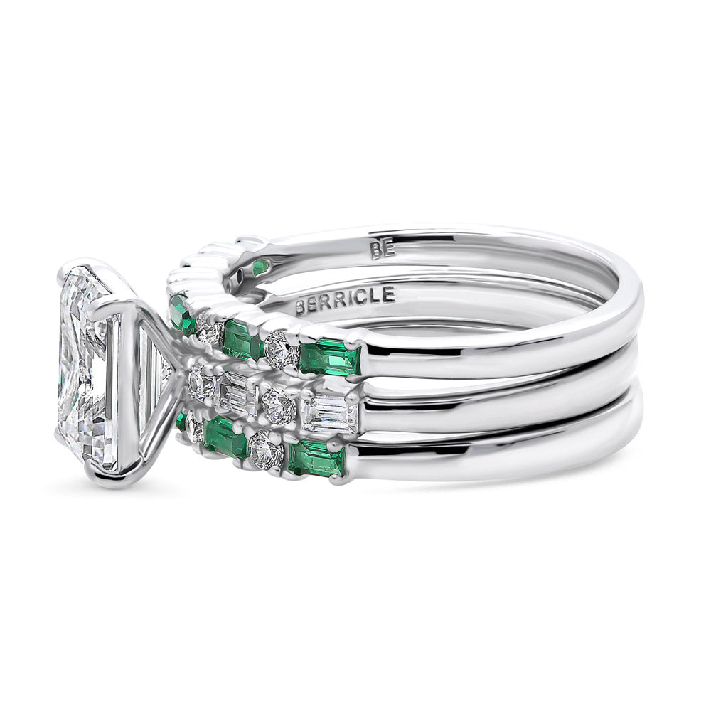 Solitaire Art Deco Emerald Cut CZ Ring Set in Sterling Silver
