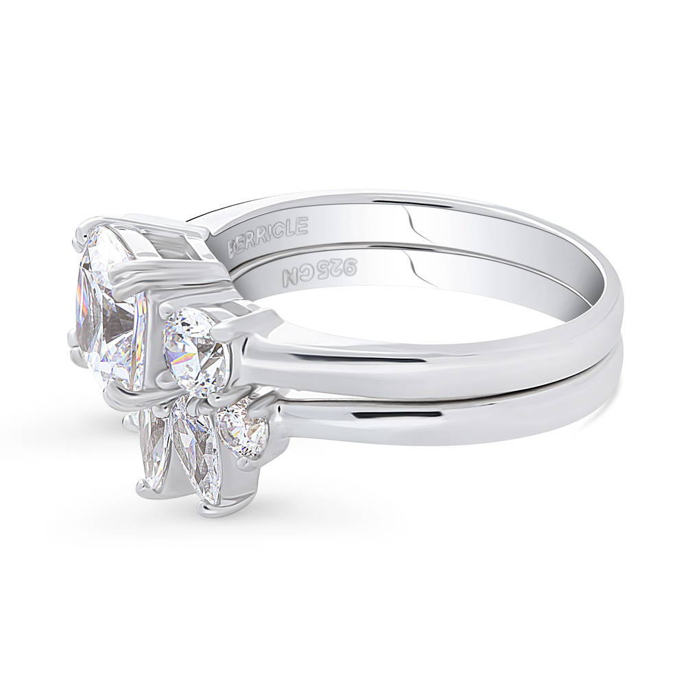 Angle view of 3-Stone Wishbone Cushion CZ Ring Set in Sterling Silver