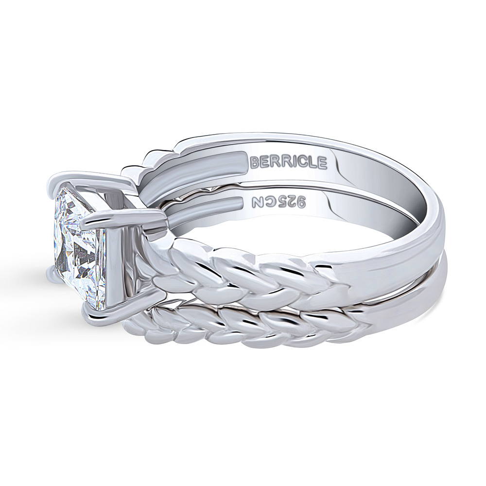 Angle view of Solitaire Woven 1.2ct Princess CZ Ring Set in Sterling Silver