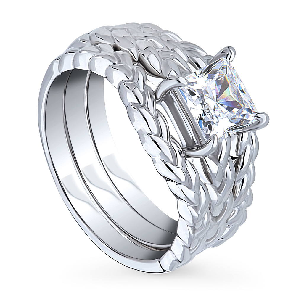 Front view of Solitaire Woven 1.2ct Princess CZ Ring Set in Sterling Silver