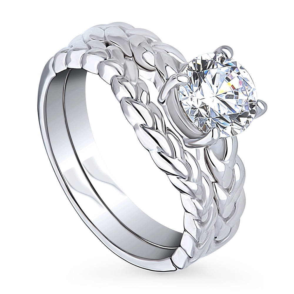 Front view of Solitaire Woven 1.25ct Round CZ Ring Set in Sterling Silver