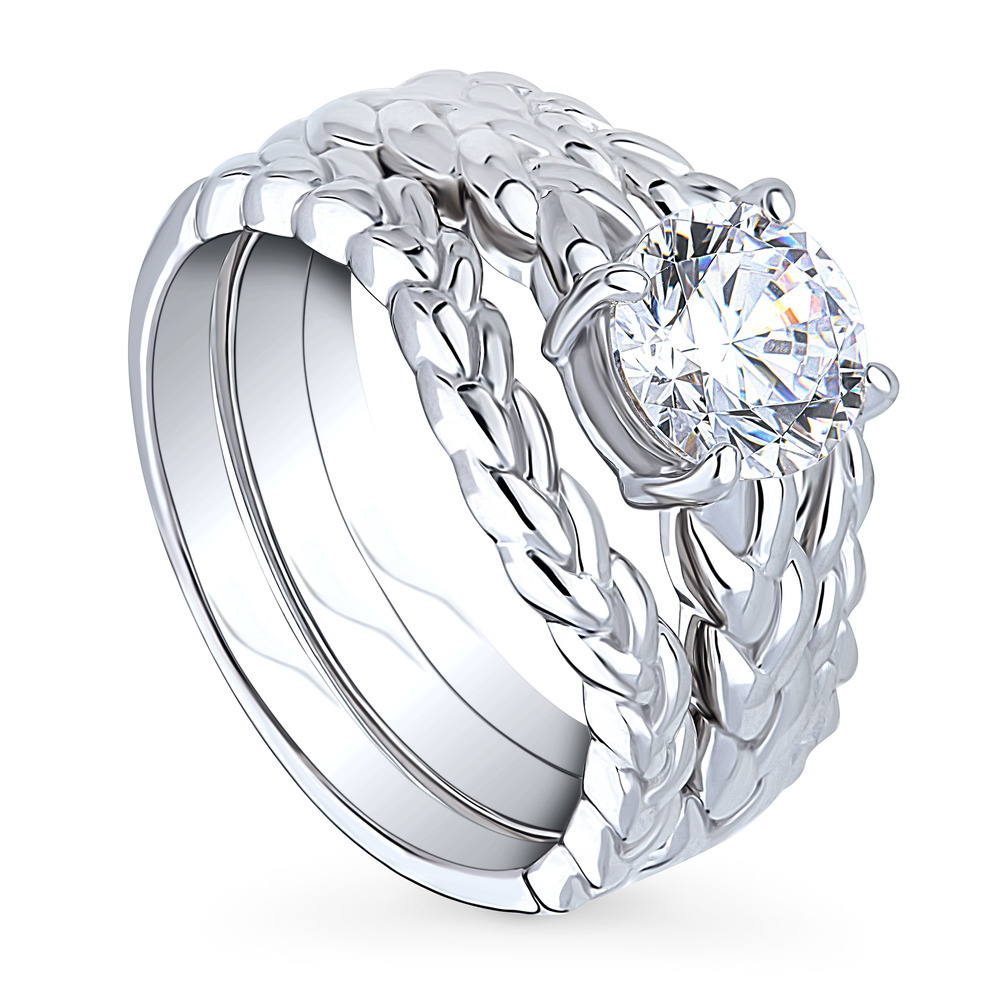 Front view of Solitaire Woven 1.25ct Round CZ Ring Set in Sterling Silver