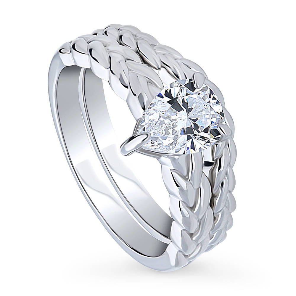 Front view of Solitaire Woven 1ct Pear CZ Ring Set in Sterling Silver