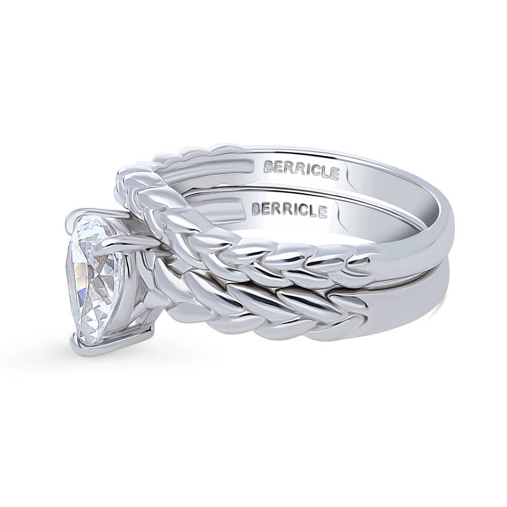 Angle view of Solitaire Woven 1ct Pear CZ Ring Set in Sterling Silver