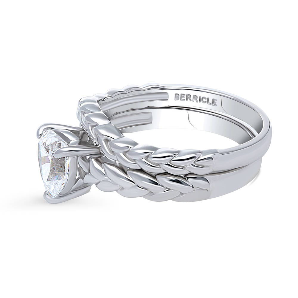 Angle view of Heart Solitaire CZ Ring Set in Sterling Silver