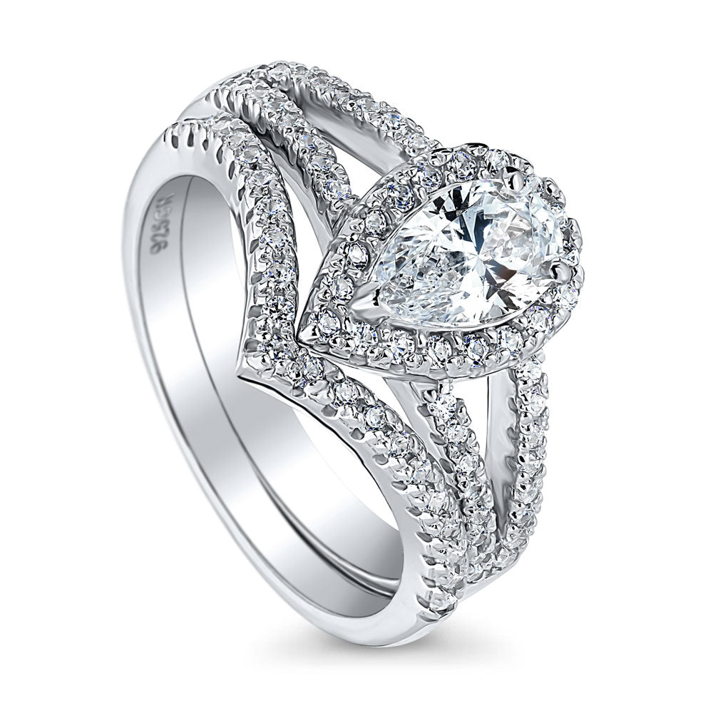 Halo Pear CZ Split Shank Ring Set in Sterling Silver