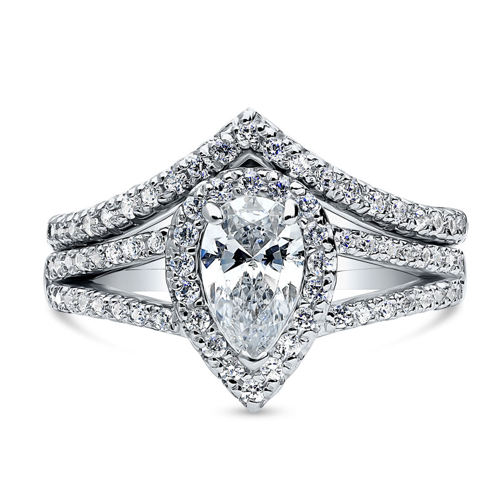 Angle view of Halo Pear CZ Split Shank Ring Set in Sterling Silver