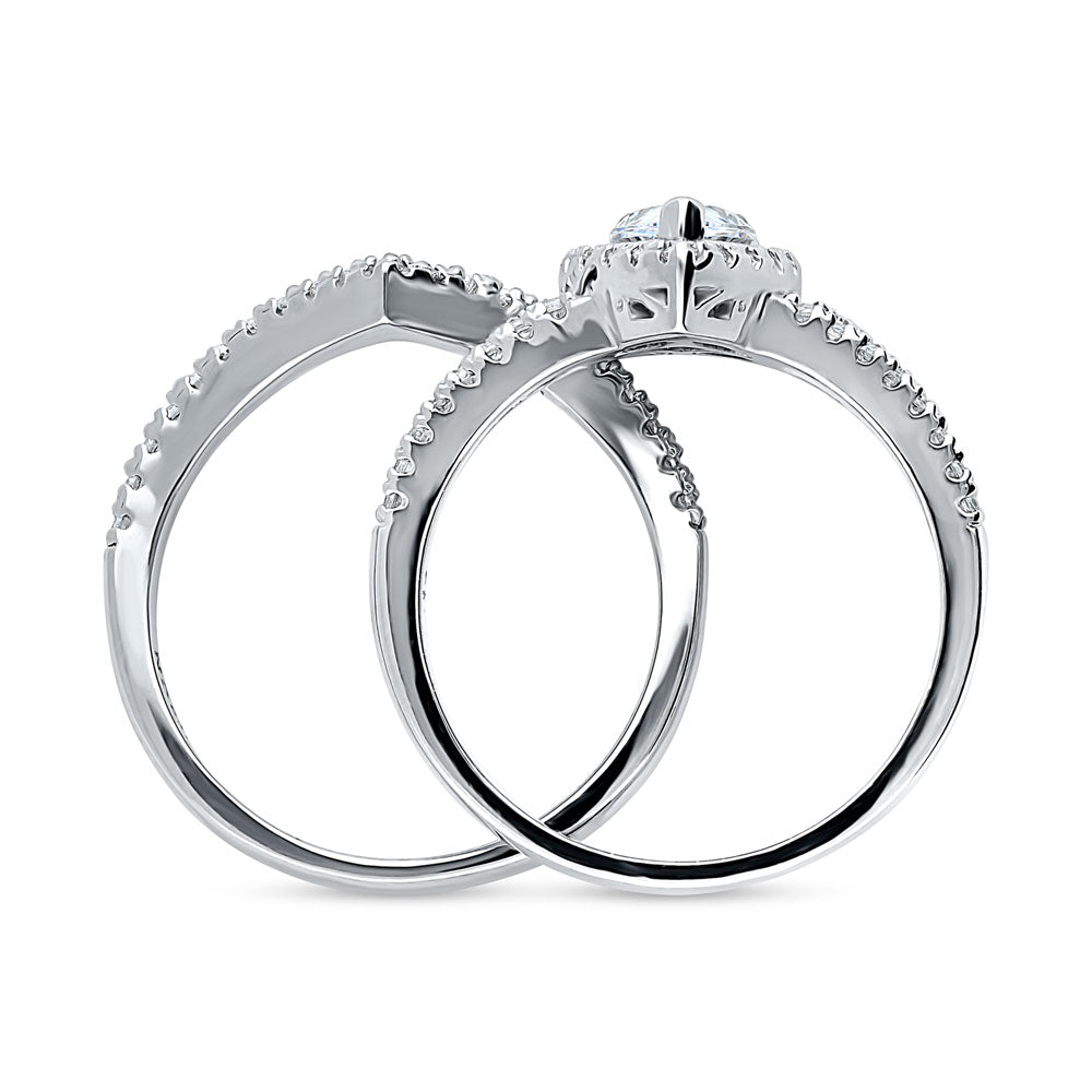 Side view of Halo Pear CZ Split Shank Ring Set in Sterling Silver