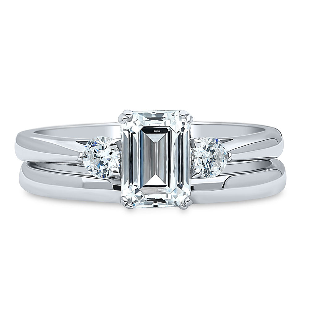 3-Stone Emerald Cut CZ Ring Set in Sterling Silver