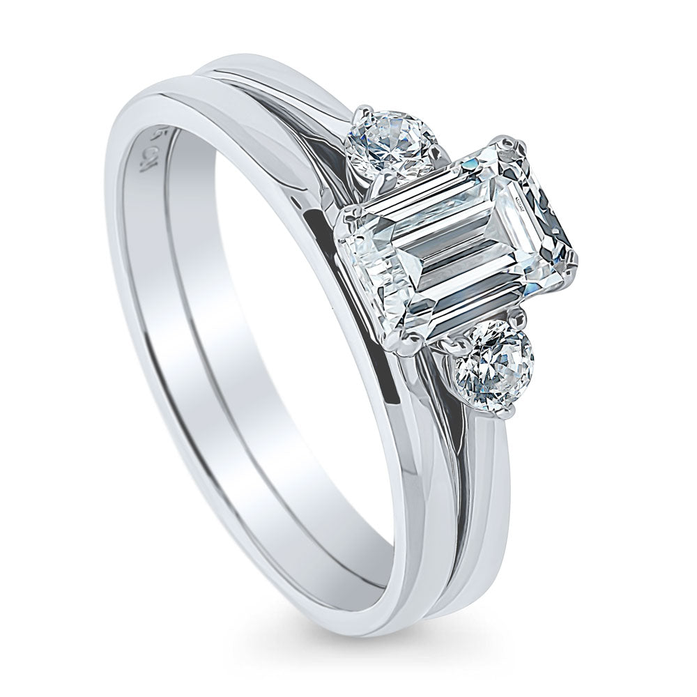 Front view of 3-Stone Emerald Cut CZ Ring Set in Sterling Silver