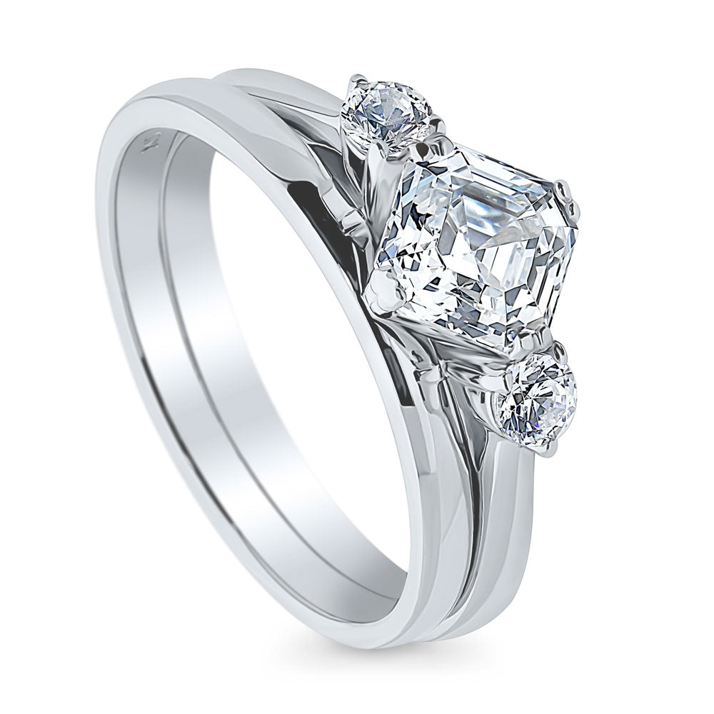 Front view of 3-Stone Asscher CZ Ring Set in Sterling Silver