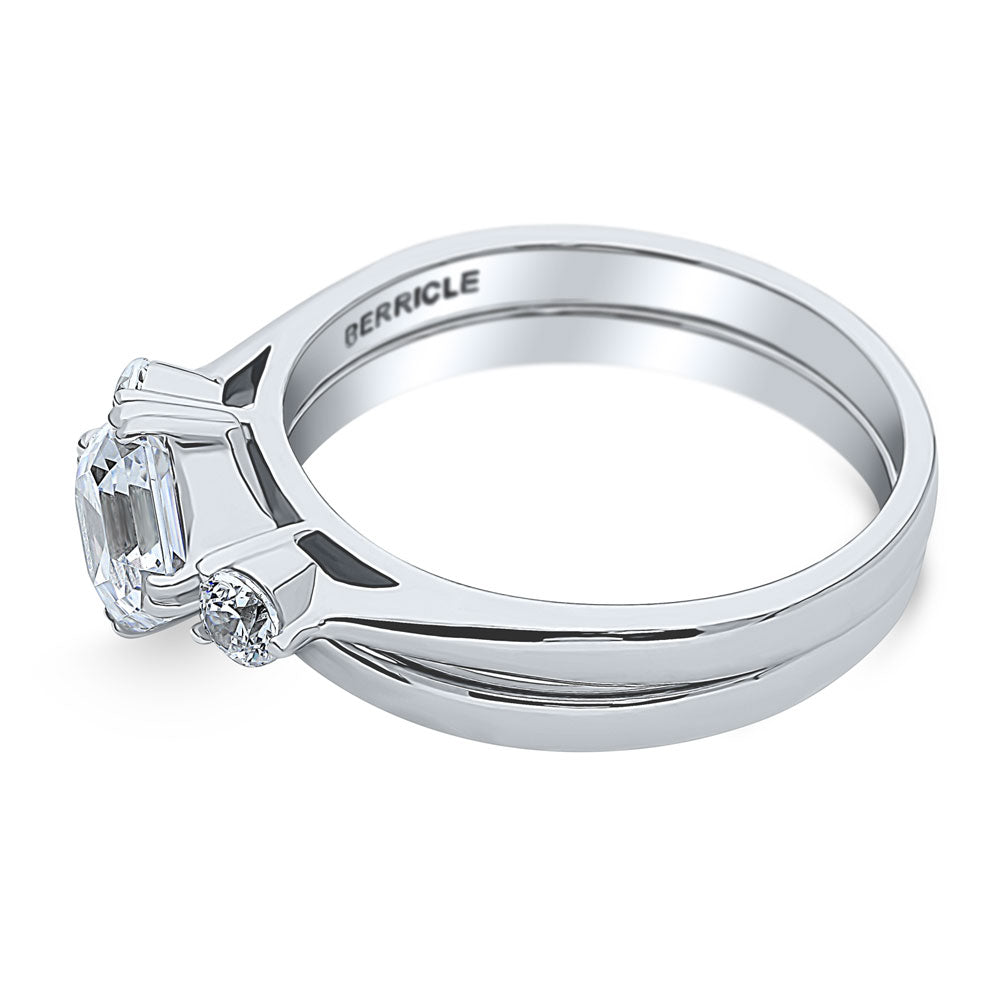 Angle view of 3-Stone Asscher CZ Ring Set in Sterling Silver