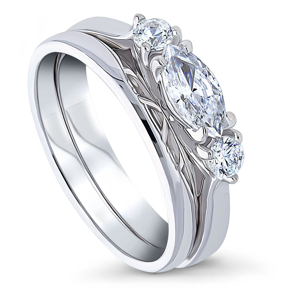 Front view of 3-Stone East-West Marquise CZ Ring Set in Sterling Silver, 3 of 12