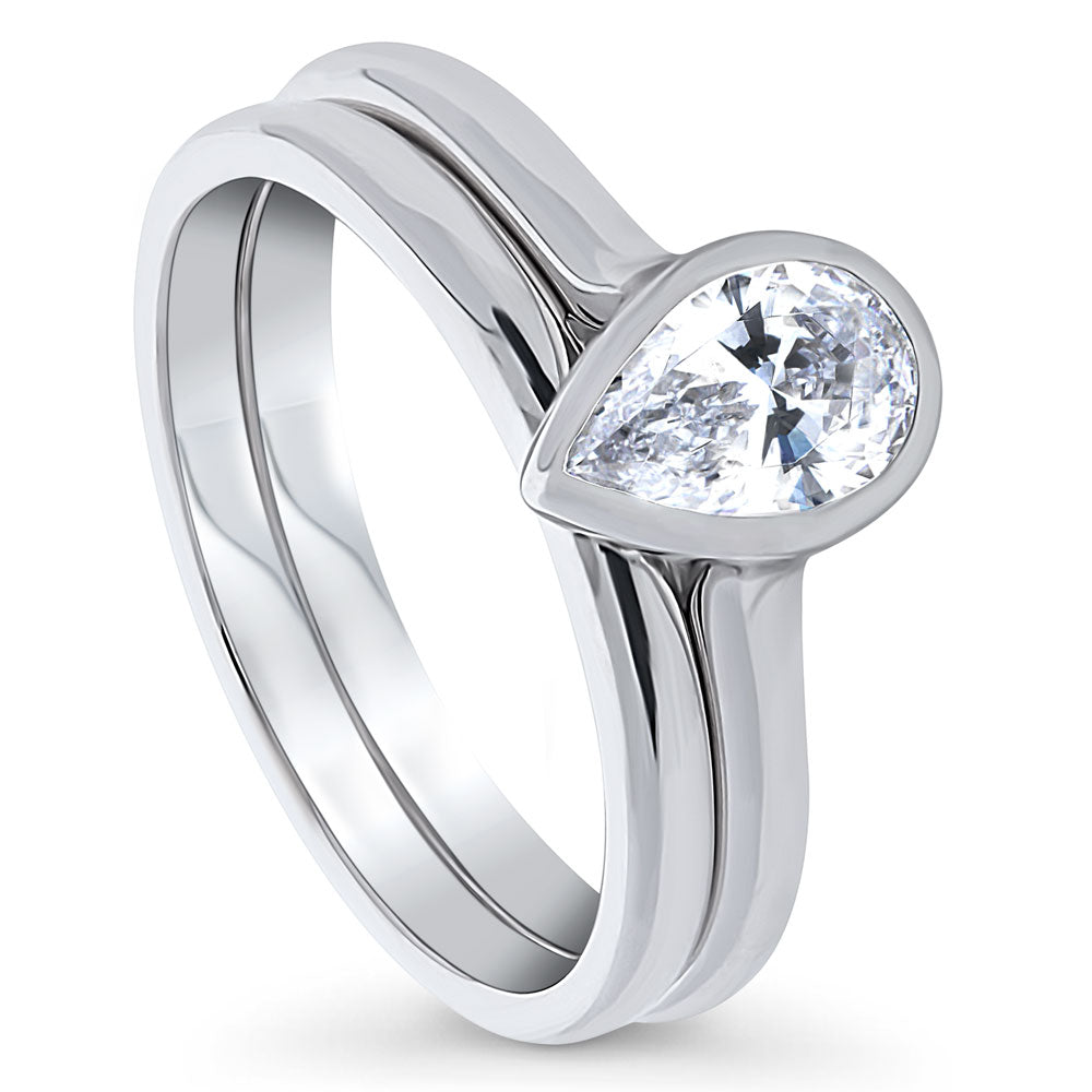 Front view of Solitaire 0.8ct Bezel Set Pear CZ Ring Set in Sterling Silver
