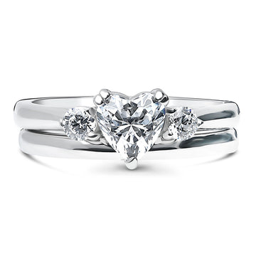 3-Stone Heart CZ Ring Set in Sterling Silver