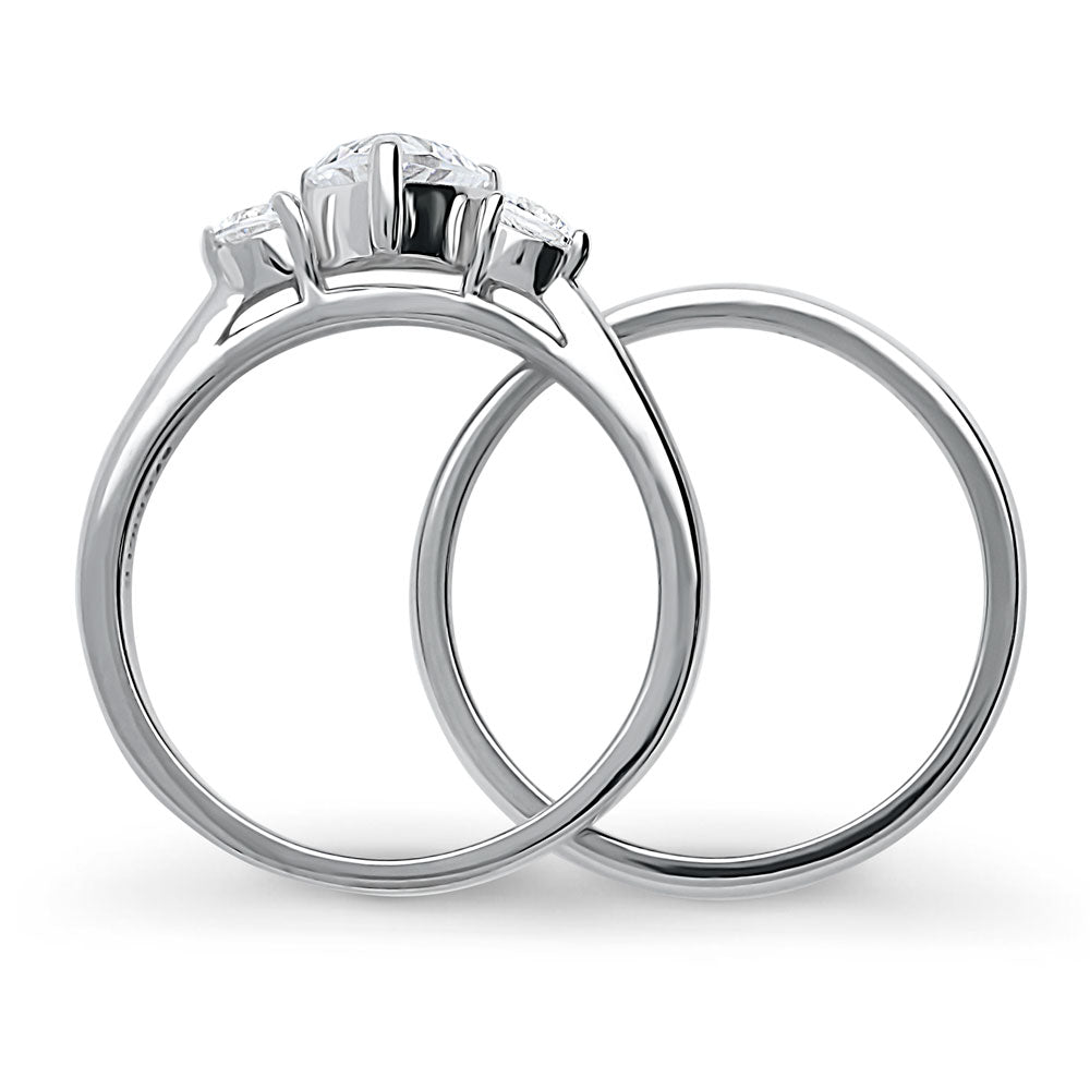Alternate view of 3-Stone Heart CZ Ring Set in Sterling Silver