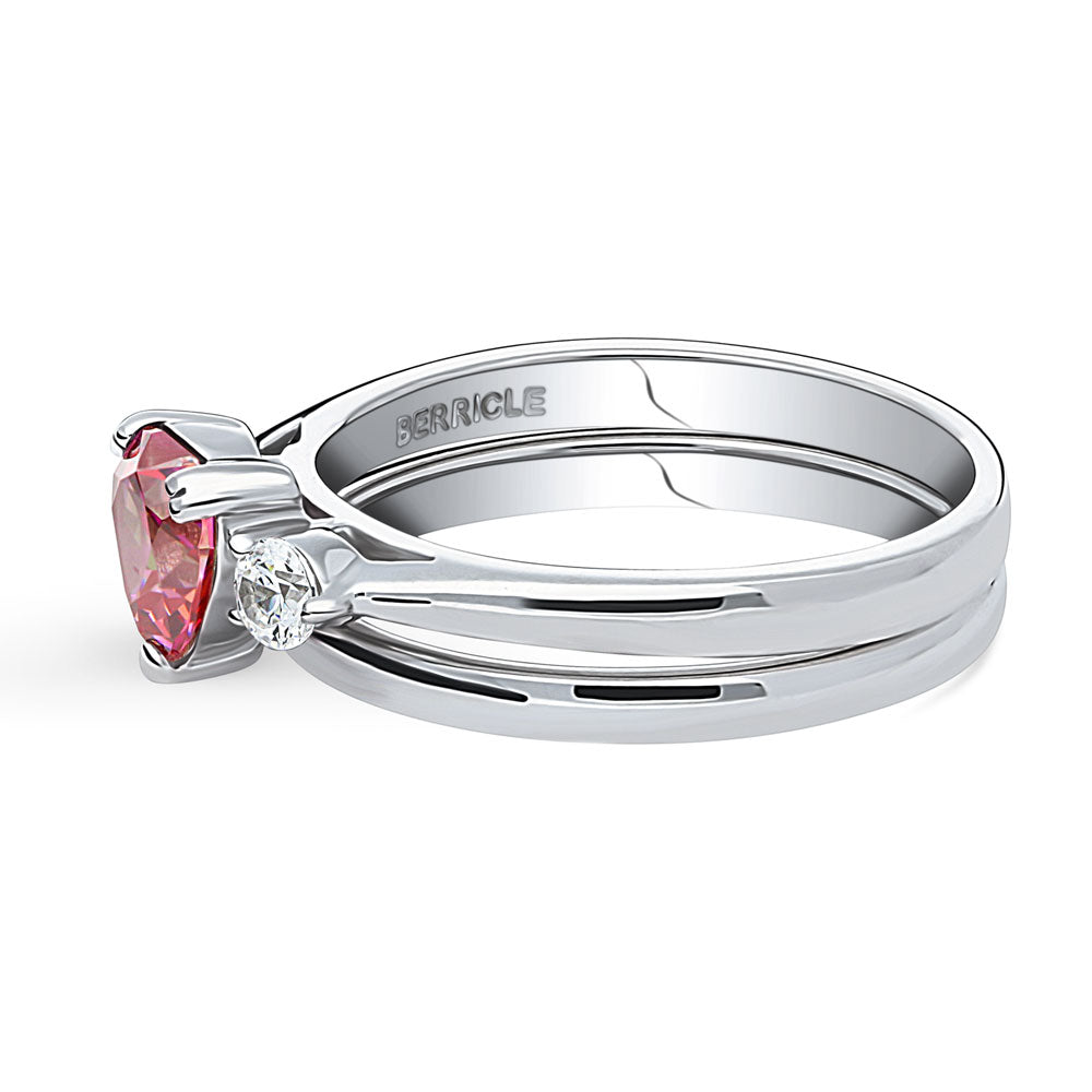 Angle view of 3-Stone Heart Red CZ Ring Set in Sterling Silver