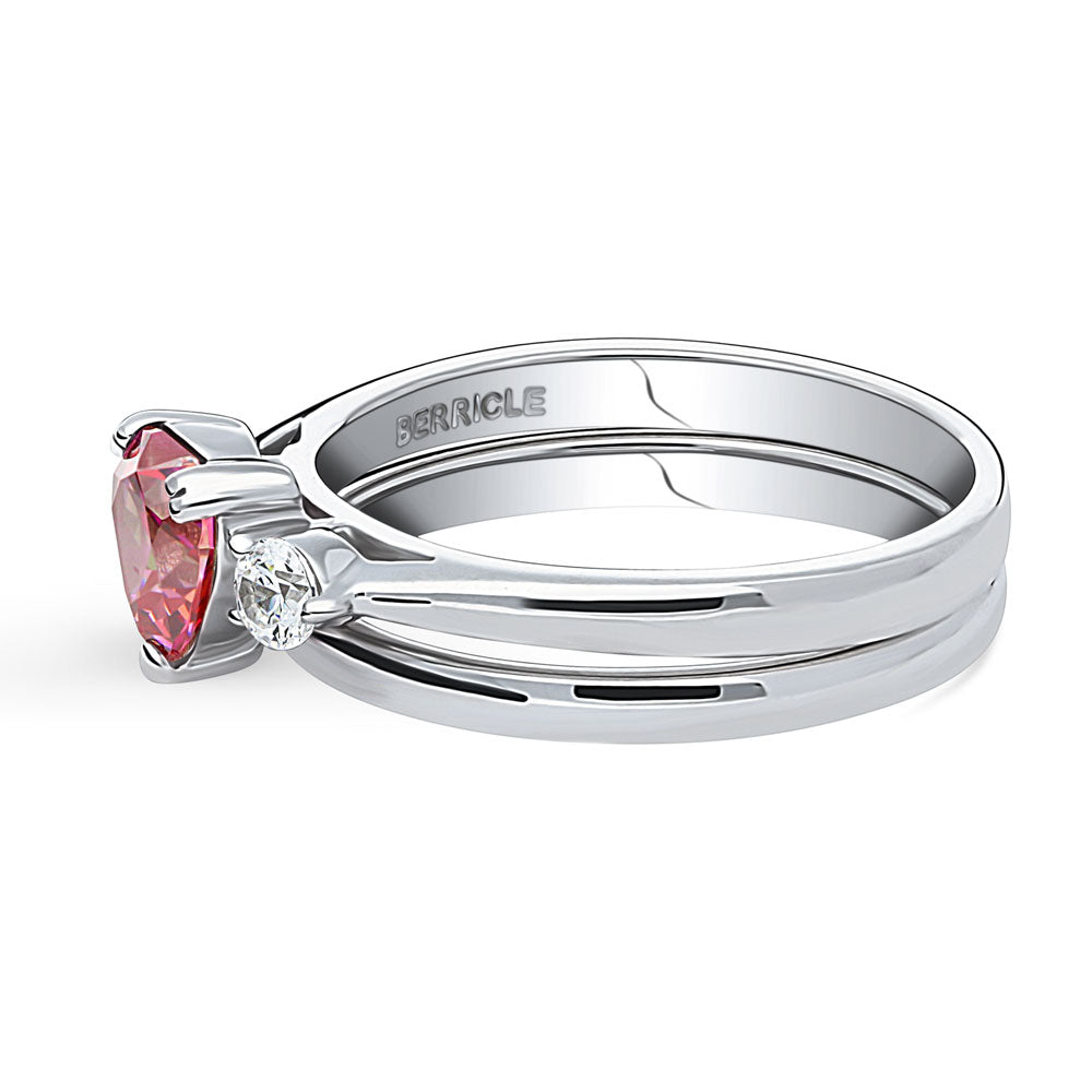 3-Stone Heart Red CZ Ring Set in Sterling Silver