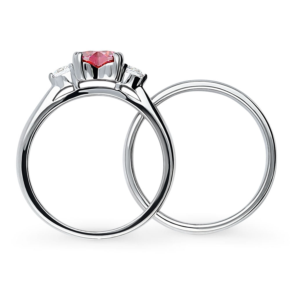 Alternate view of 3-Stone Heart Red CZ Ring Set in Sterling Silver