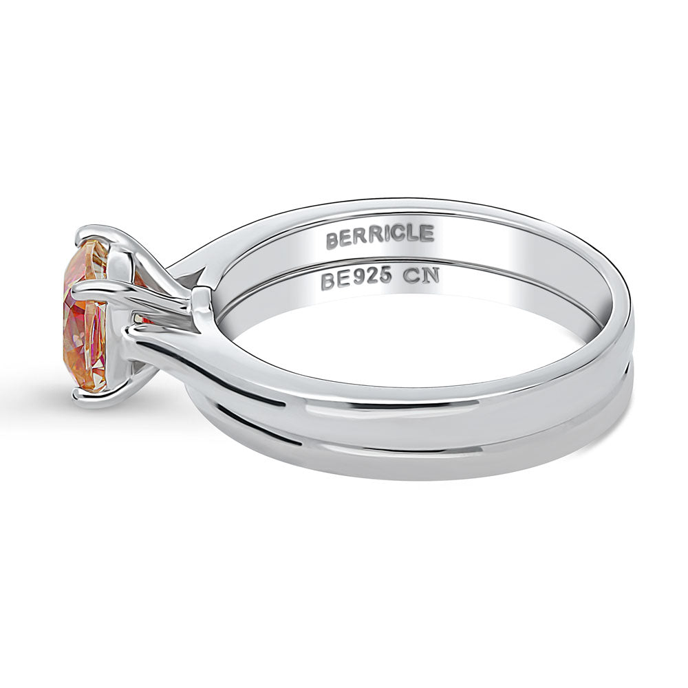 Angle view of Kaleidoscope Solitaire Red Orange CZ Ring Set in Sterling Silver